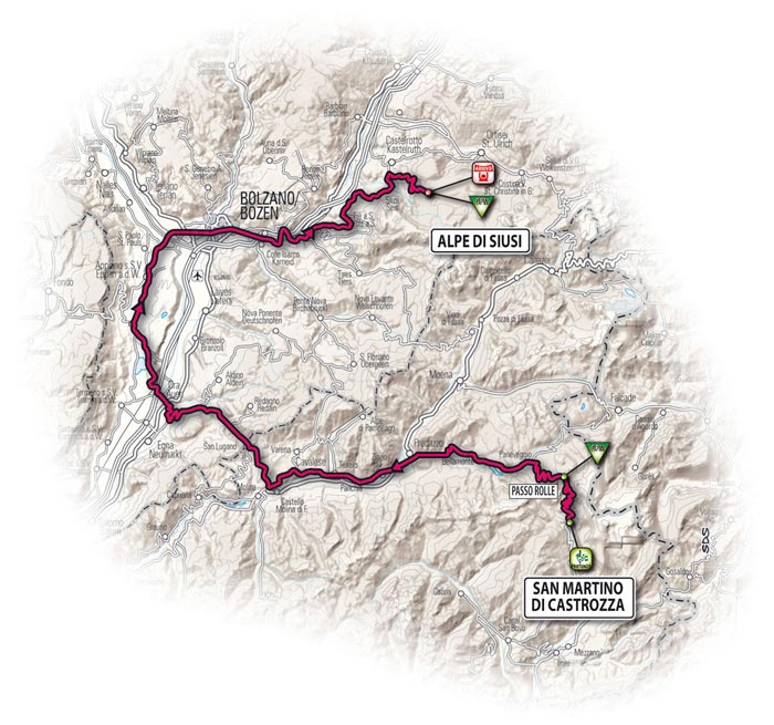 Le parcours de la cinquième étape - San Martino di Castrozza > Alpe di Siusi Le parcours de la cinquième étape - San Martino di Castrozza > Alpe di Siusi