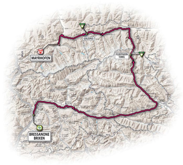 The route for the sixth stage - Bressanone/Brixen > Mayrhofen