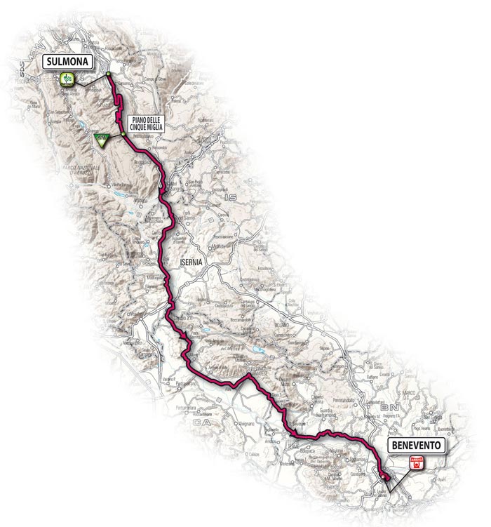 The route for the eighteenth stage - Sulmona > Benevento