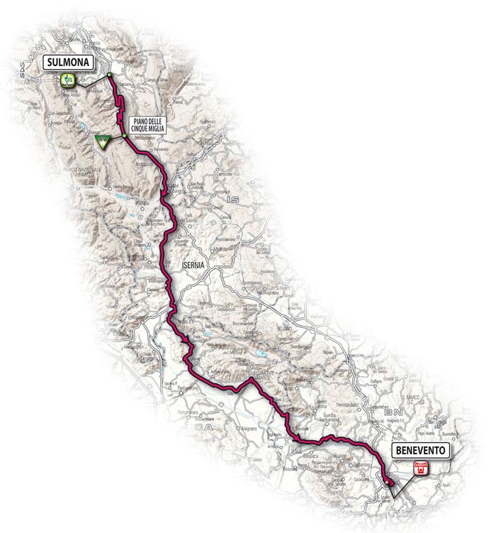 Le parcours de la dixhuitième étape - Sulmona > Benevento Le parcours de la dixhuitième étape - Sulmona > Benevento
