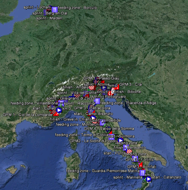 De kaart met het parcours van de Ronde van Italië 2016