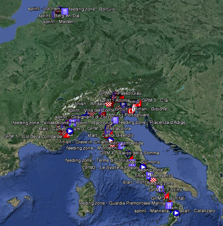 The map with the race route of the Tour of Italy 2016