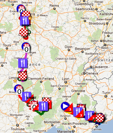 De kaart met het parcours van Parijs-Nice 2012