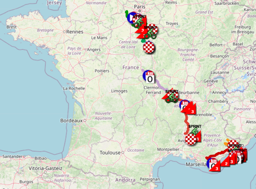 Het parkoers van alle etappes van Parijs-Nice 2023 in Google Earth