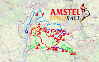 Het parcours van de Amstel Gold Race 2019 op Open Street Maps/Google Earth en het tijd- en routeschema