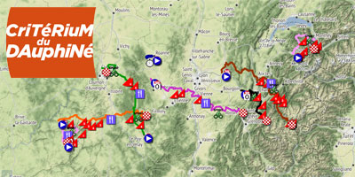 Het parcours van het Critérium du Dauphiné 2019 op Open Street Maps/Google Earth, etappeprofielen en tijd- en routeschema's