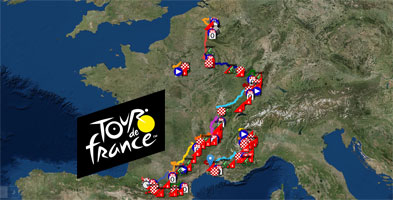 Het parcours van de Tour de France 2019 op Open Street Maps/Google Earth, etappeprofielen en tijd- en routeschema's