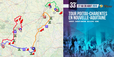 Le parcours du Tour Poitou-Charentes en Nouvelle-Aquitaine 2019 sur Open Street Maps/Google Earth, profils d'tapes et itinraires horaires