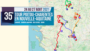 Le parcours du Tour Poitou-Charentes en Nouvelle Aquitaine 2021 sur Open Street Maps et dans Google Earth, profils d'étapes et itinéraires horaires