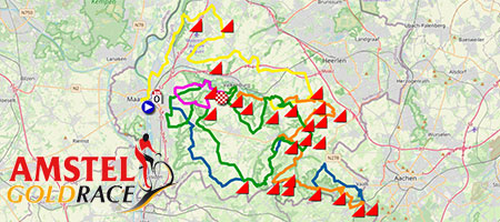 Het parcours van de Amstel Gold Race 2022 op Open Street Maps/Google Earth en het tijd- en routeschema