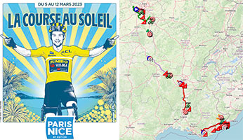 The Paris-Nice 2023 race route on Open Street Maps and in Google Earth, stage profiles and time- and route schedules ... and the start list