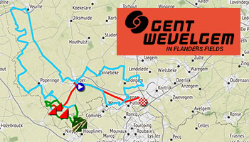Het parkoers van Gent-Wevelgem 2023 op Open Street Maps en in Google Earth ... en de deelnemerslijst