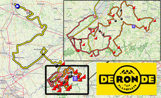 Het parcours van de Ronde van Vlaanderen 2023 op Open Street Maps en in Google Earth ... en de deelnemerslijst
