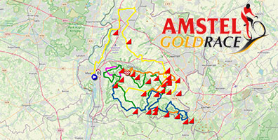 The (modified!) race route of the Amstel Gold Race 2023 on Open Street Maps and in Google Earth, the time- and route schedule and the race profile