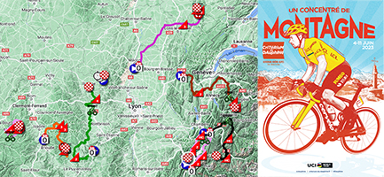 Het parcours van het Critérium du Dauphiné 2023 op Open Street Maps/Google Earth, de etappeprofielen en tijd- en routeschema's