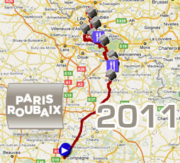 The race route and the paved zones of Paris-Roubaix 2011 in Google Maps / Google Earth