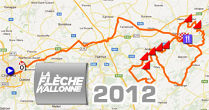 Het parcours van de Waalse Pijl 2012 op Google Maps/Google Earth, het profiel en het tijd- en routeschema