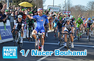 Valpartij en overwinning voor Nacer Bouhanni (FDJ.fr) in de eerste etappe van Parijs-Nice 2014