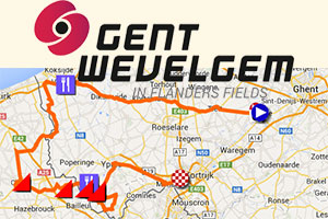 Het parcours van Gent-Wevelgem 2014 op Google Maps/Google Earth, profiel en tijd- en routeschema