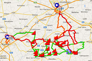 Het parcours van de Omloop Het Nieuwsblad en Kuurne-Brussel-Kuurne 2015 op Google Maps/Google Earth