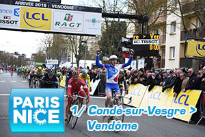 Arnaud Dmare (FDJ) wint de eerste etappe van Parijs-Nice 2016 in Vendme in de sprint