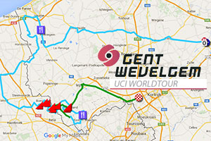 The Ghent-Wevelgem 2016 race route on Google Maps/Google Earth, the time- and route schedule and the race profile