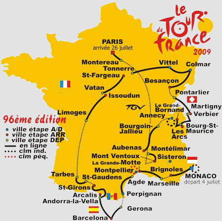 La carte préliminaire du parcours du Tour de France 2009