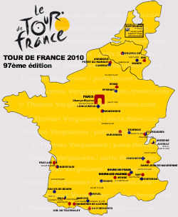 De kaart met het parcours van de Tour de France 2010 op basis van geruchten - © Thomas Vergouwen / www.velowire.com