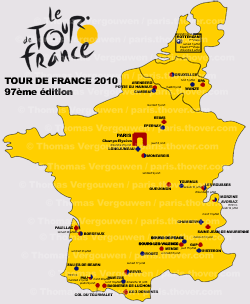 De kaart met het parcours van de Tour de France 2010 op basis van geruchten - Thomas Vergouwen / www.velowire.com De kaart met het parcours van de Tour de France 2010 op basis van geruchten - Thomas Vergouwen / www.velowire.com