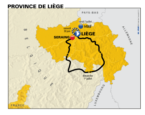 The map of the Grand Départ of the 2012 Tour de France in Liège, Seraing and Visé