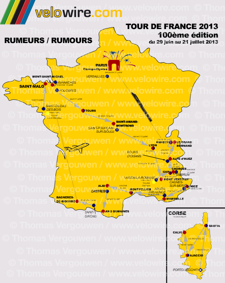 The detailed map with the race route of the Tour de France 2013 based on rumours The detailed map with the race route of the Tour de France 2013 based on rumours
