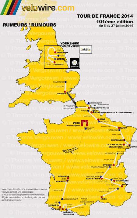 De gedetailleerde kaart met het parcours van de Tour de France 2014 op basis van de geruchten De gedetailleerde kaart met het parcours van de Tour de France 2014 op basis van de geruchten