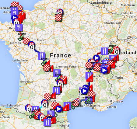 The Tour de France 2016 race route in Google Earth