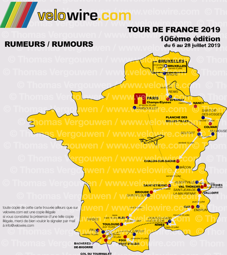 La carte détaillée du parcours du Tour de France 2019 sur la base des rumeurs La carte détaillée du parcours du Tour de France 2019 sur la base des rumeurs