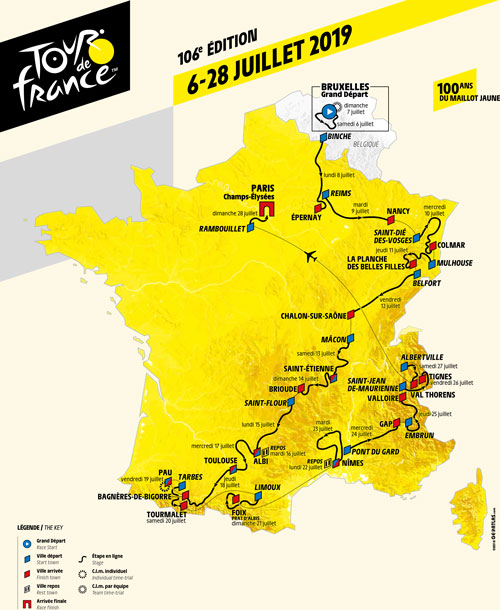 La carte avec le parcours du Tour de France 2019