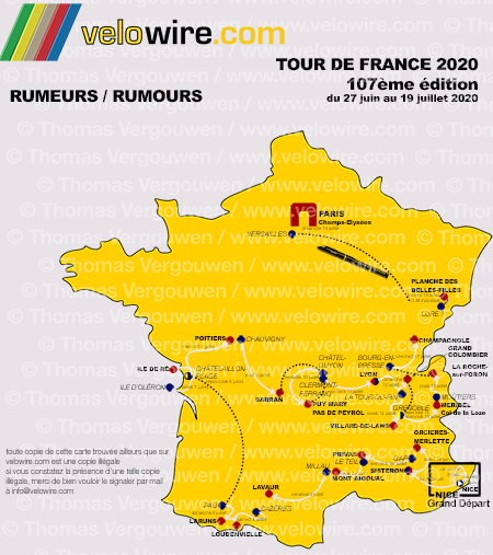 La carte détaillée du parcours du Tour de France 2020 sur la base des rumeurs