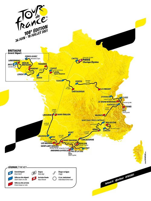 De kaart met het parcours Tour de France 2021 De kaart met het parcours Tour de France 2021