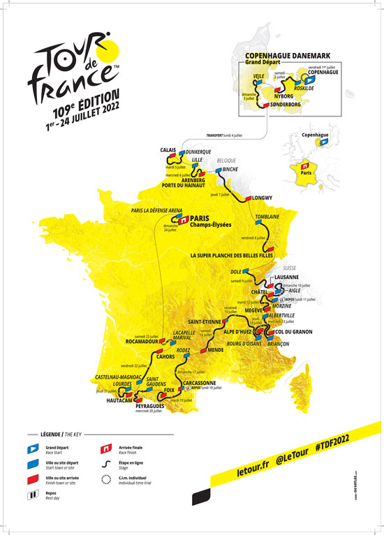 De kaart met het parcours van de Tour de France 2022
