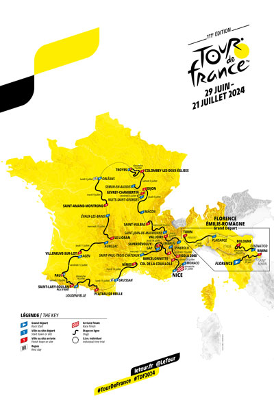 De kaart met het parcours van de Tour de France 2024