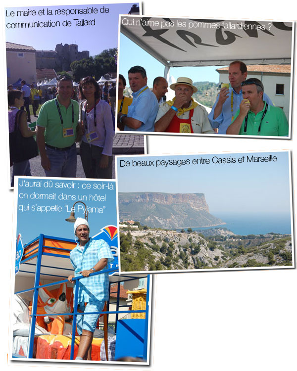 18 juillet 2007 - Tallard > Marseille : le maire et la responsable de communication, les pommes, le pyjama - caravane publicitaire Etap Hotel et les paysages entre Cassis et Marseille