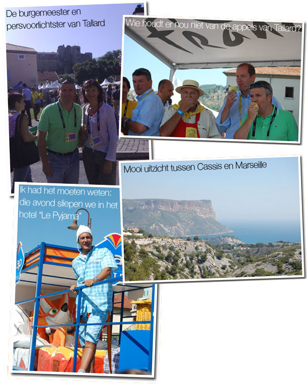 18 juli 2007 - Tallard > Marseille : de burgemeester en persvoorlichtster, appels, de pyjama - Etap Hotel reclamecaravaan en het uitzicht tussen Cassis en Marseille