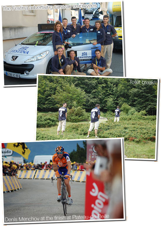 22 July 2007 - Mazamet > Plateau-de-Beille : the team of the Festina advertising caravan, toilet break and Denis Menchov at his arrival at Plateau-de-Beille