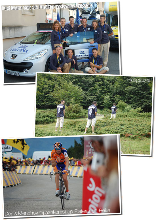 22 juli 2007 - Mazamet > Plateau-de-Beille : het team van de Festina reclamecaravaan, plaspauze en Denis Menchov bij aankomst op Plateau-de-Beille