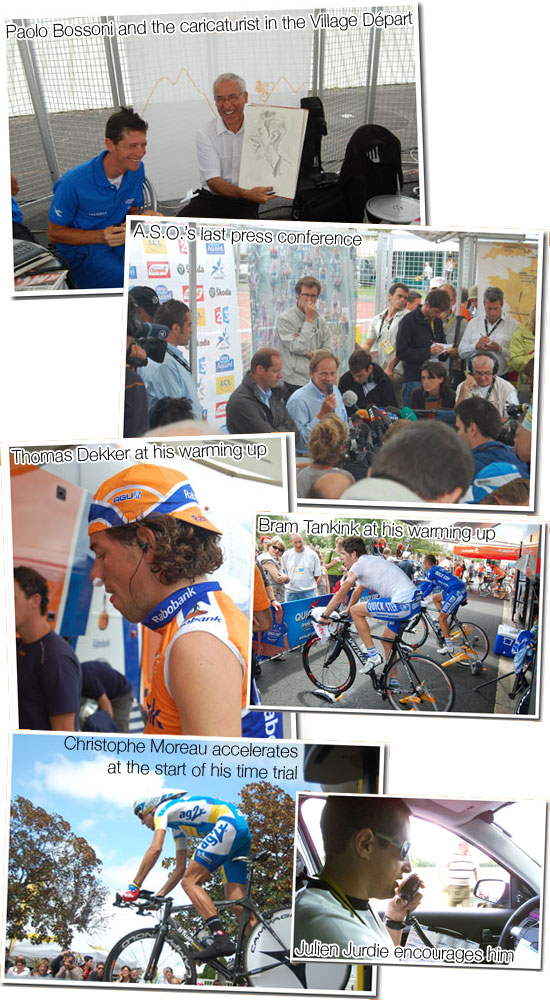 28 July 2007 - Cognac > Angoulême : Paolo Bossoni s caricature, A.S.O. s press conference, Thomas Dekker and Bram Tankink warming up and Christophe Moreau s time trial encouraged by Julien Jurdie