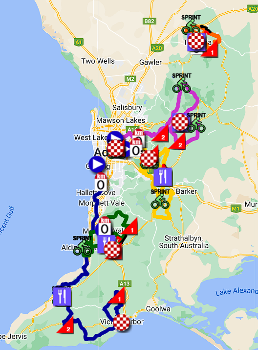 The Tour Down Under 2025 race route on OpenStreetMap maps and in Google