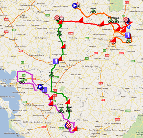 Het parcours van de Tour Poitou-Charentes 2011 in Google Earth