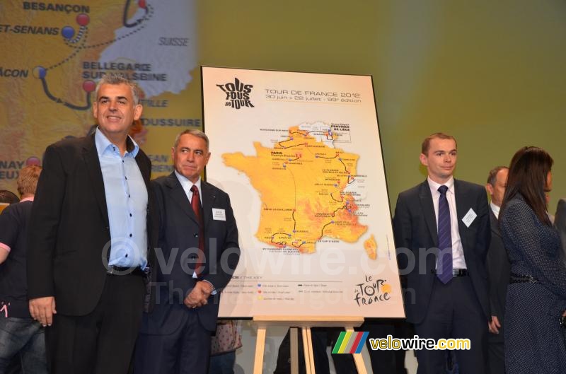 Pascal Terrasse, Gilles Novat & Olivier Dussopt with the map of the Tour de France 2012