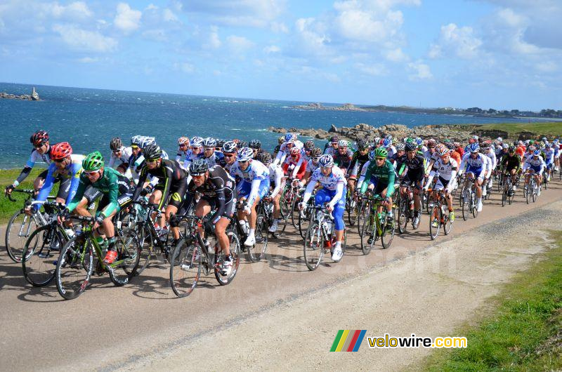 The peloton with Pierrick Fédrigo (FDJ-BigMat) along the coastline