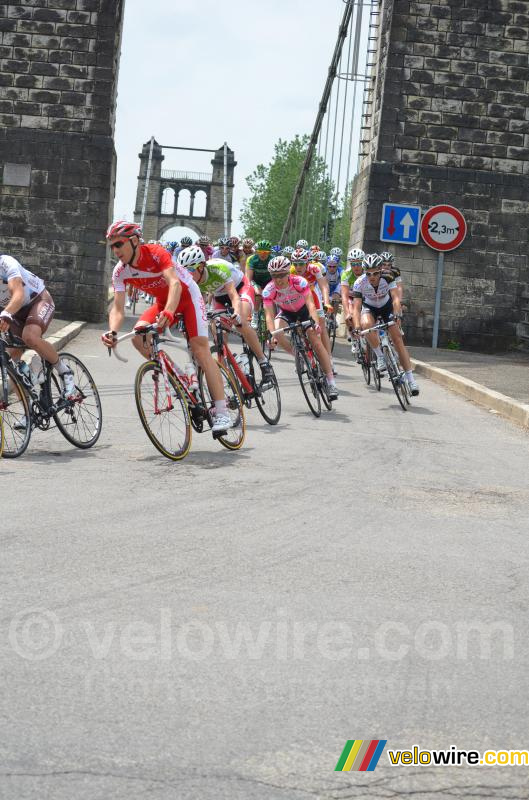 Het peloton rijdt over een brug (2)