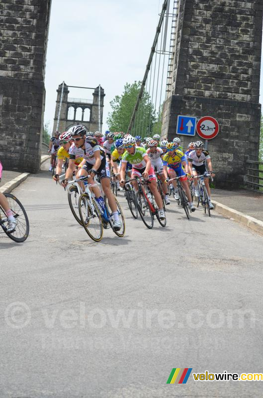 Het peloton rijdt over een brug (3)